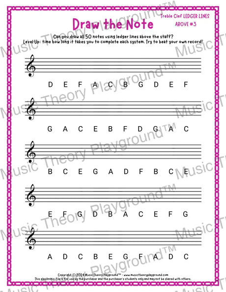 Draw the Note: Treble Clef Ledger Lines Above 3 / Worksheet + Answer Key Student Worksheet