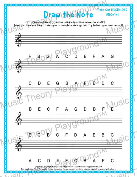 Draw the Note: Treble Clef Ledger Lines Below 1 / Worksheet + Answer Key Student Worksheet