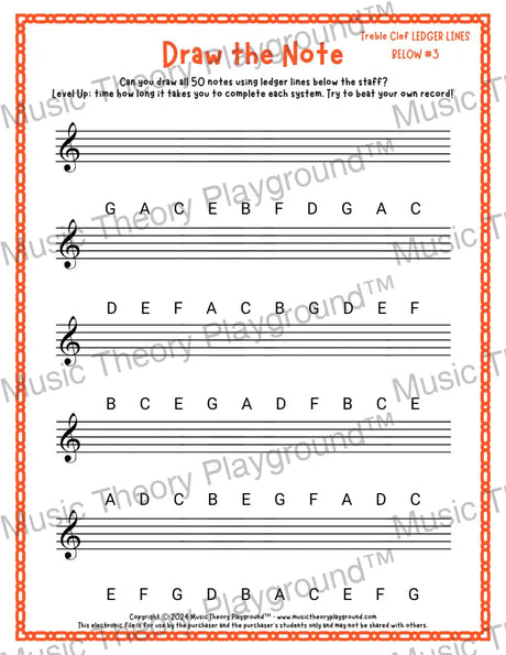 Draw the Note: Treble Clef Ledger Lines Below 3 / Worksheet + Answer Key Student Worksheet