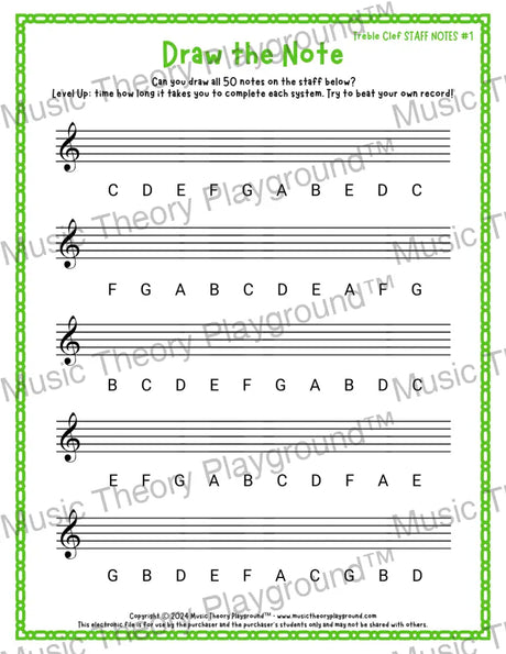 Draw the Note: Treble Clef Staff Notes 1 / Worksheet + Answer Key Student Worksheet