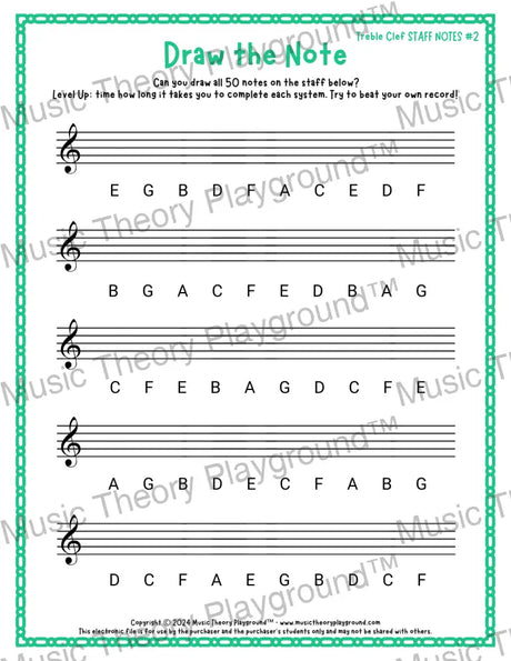 Draw the Note: Treble Clef Staff Notes 2 / Worksheet + Answer Key Student Worksheet