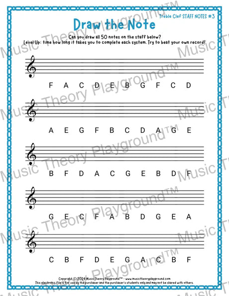 Draw the Note: Treble Clef Staff Notes 3 / Worksheet + Answer Key Student Worksheet