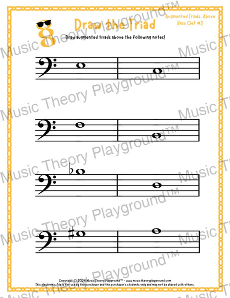 Bass clef augmented triad music worksheet - printable PDF