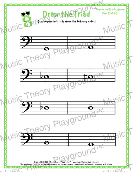 Bass clef augmented triad music worksheet - printable PDF