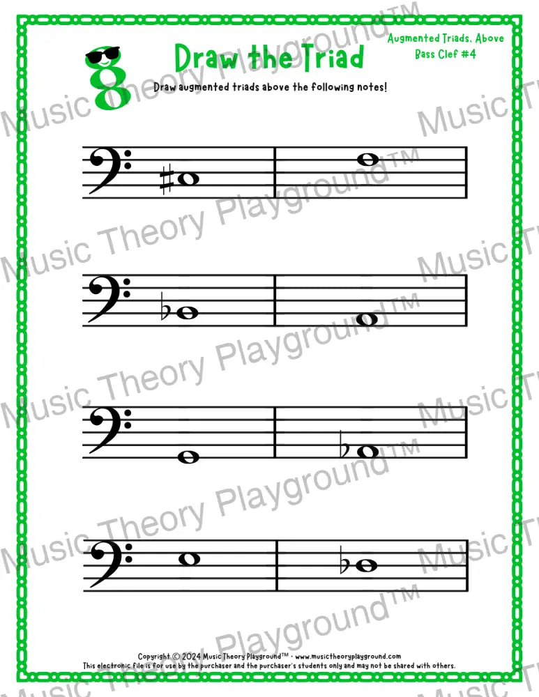Bass clef augmented triad music worksheet - printable PDF