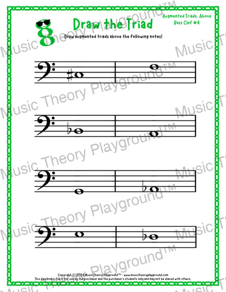 Bass clef augmented triad music worksheet - printable PDF