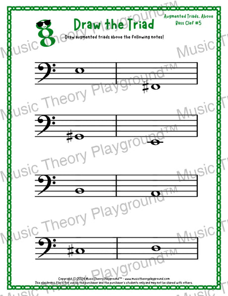 Bass clef augmented triad music worksheet - printable PDF