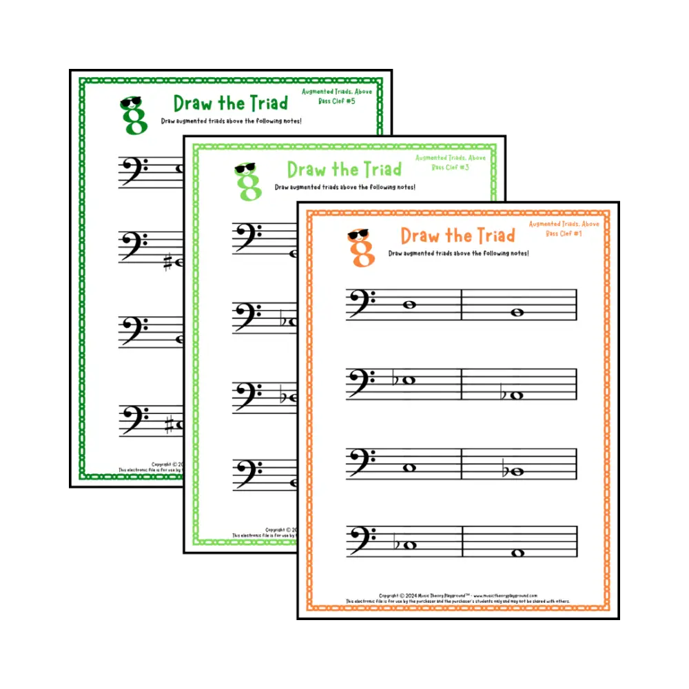 Bass clef augmented triad music worksheets - printable PDFs