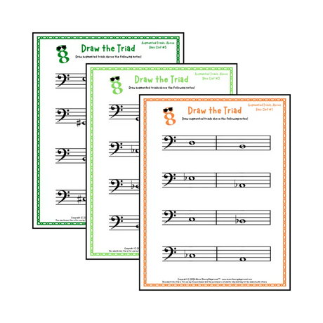 Bass clef augmented triad music worksheets - printable PDFs