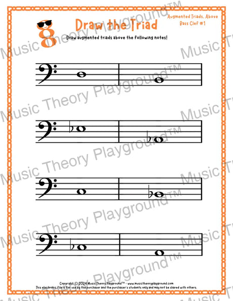 Bass clef augmented triad music worksheet - printable PDF