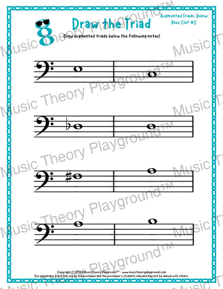 Bass clef augmented triad music worksheet - printable PDF