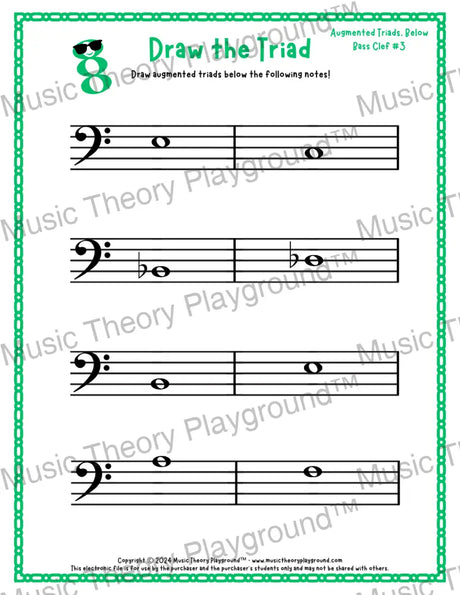 Bass clef augmented triad music worksheet - printable PDF