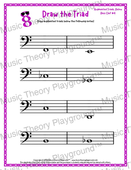 Bass clef augmented triad music worksheet - printable PDF