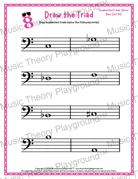 Bass clef augmented triad music worksheet - printable PDF