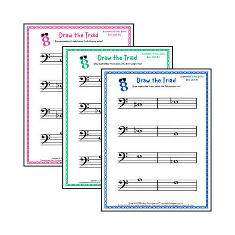 Bass clef augmented triad music worksheets - printable PDFs