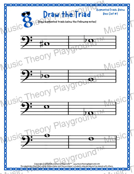 Bass clef augmented triad music worksheet - printable PDF