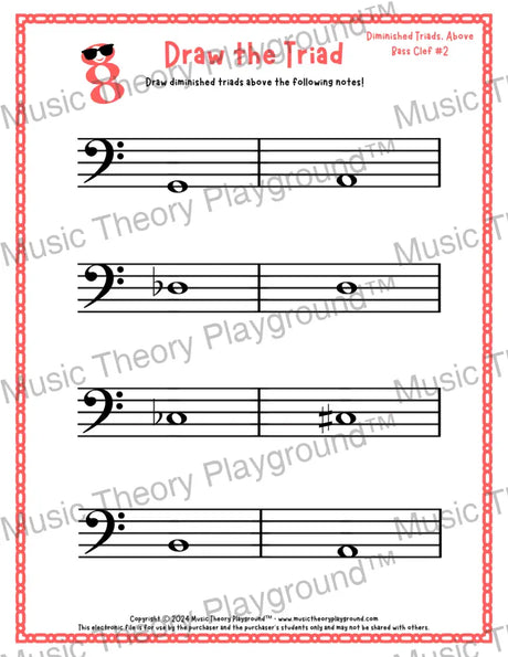 Bass clef diminished triad music worksheet - printable PDF