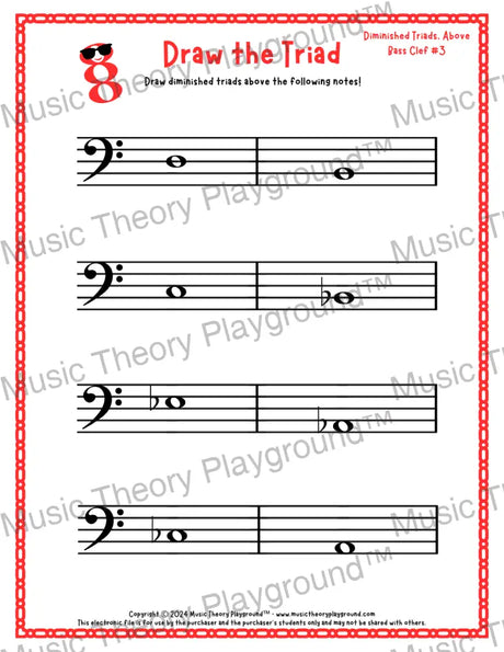 Bass clef diminished triad music worksheet - printable PDF