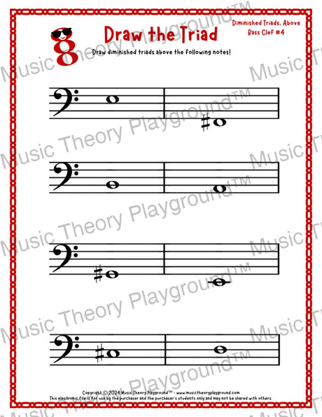 Bass clef diminished triad music worksheet - printable PDF