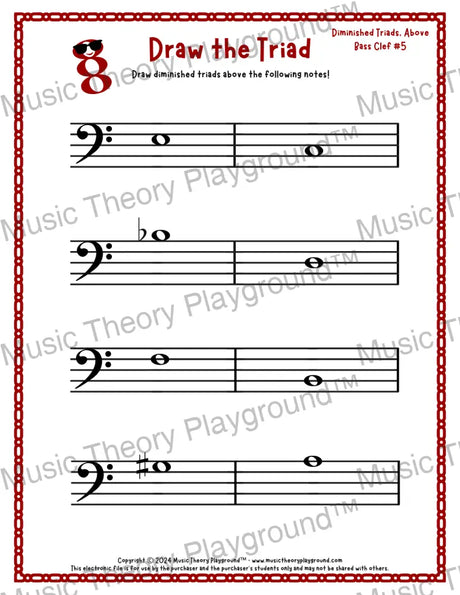 Bass clef diminished triad music worksheet - printable PDF