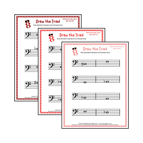 Bass clef diminished triad music worksheets - printable PDFs