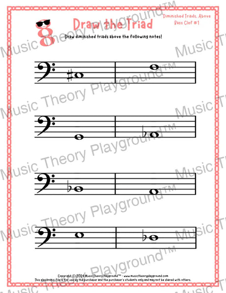 Bass clef diminished triad music worksheet - printable PDF