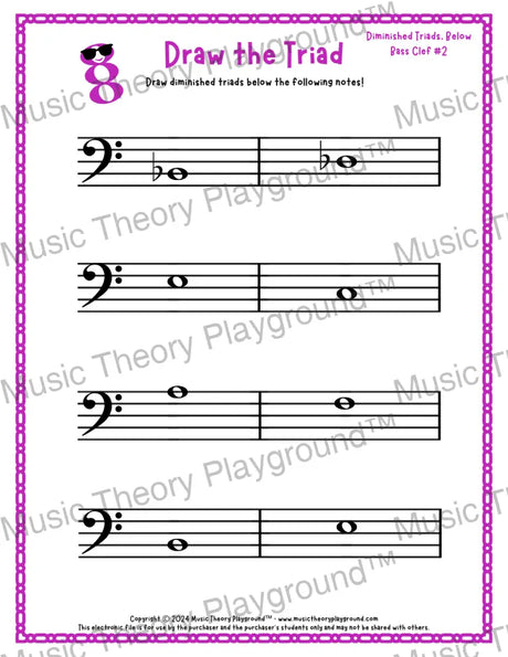 Bass clef diminished triad music worksheet - printable PDF