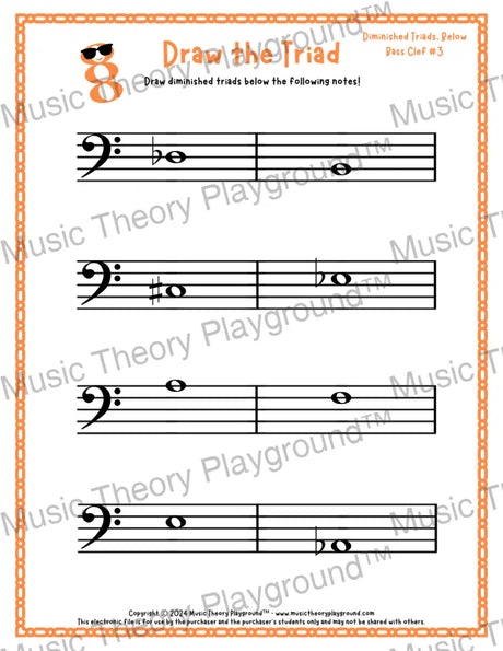 Bass clef diminished triad music worksheet - printable PDF
