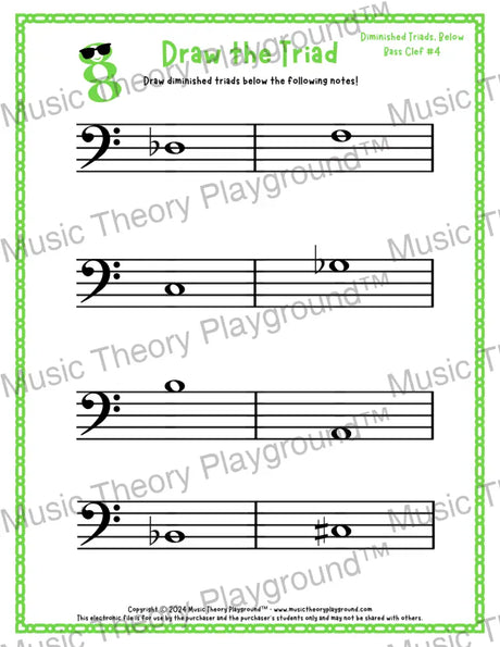 Bass clef diminished triad music worksheet - printable PDF