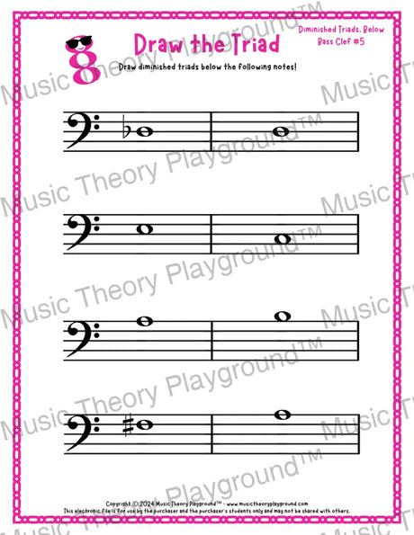Bass clef diminished triad music worksheet - printable PDF
