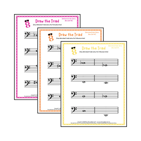 Bass clef diminished triad music worksheets - printable PDFs