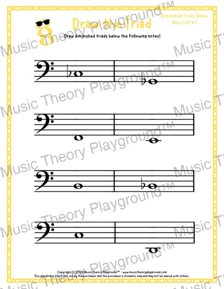 Bass clef diminished triad music worksheet - printable PDF