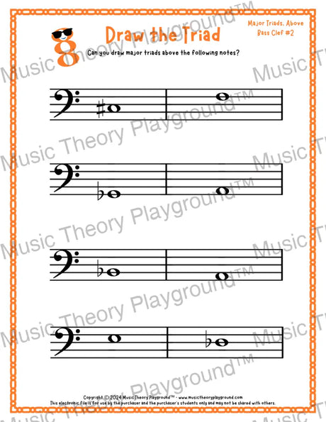 Bass clef major triad music worksheet - printable PDF