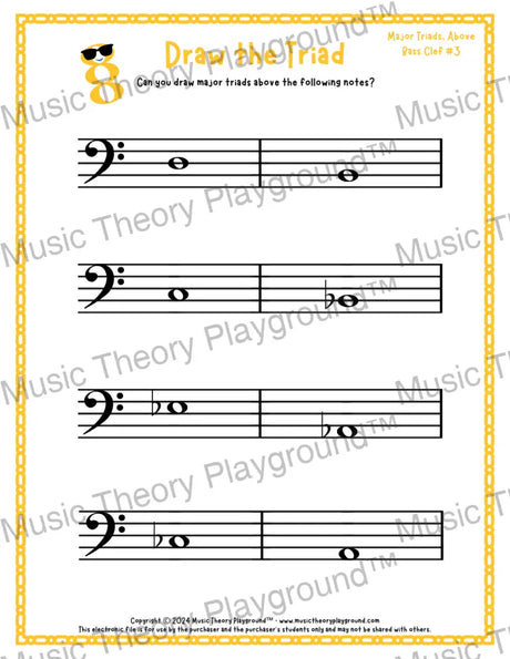Bass clef major triad music worksheet - printable PDF