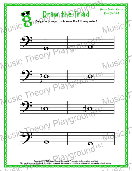 Bass clef major triad music worksheet - printable PDF