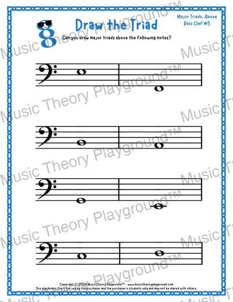 Bass clef major triad music worksheet - printable PDF