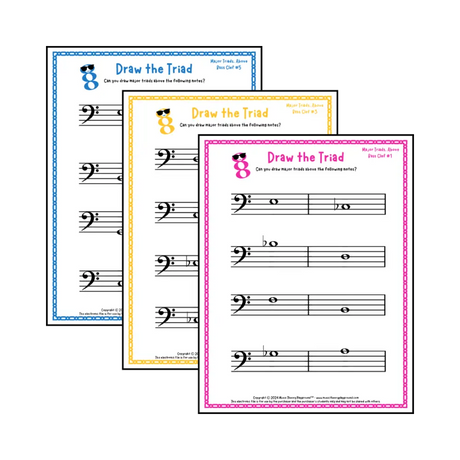 Bass clef major triad music worksheets - printable PDFs