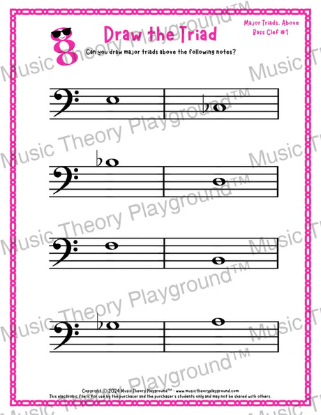 Bass clef major triad music worksheet - printable PDF