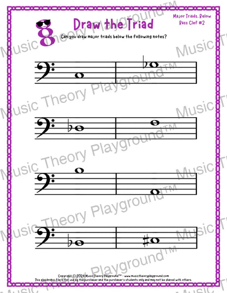 Bass clef major triad music worksheet - printable PDF