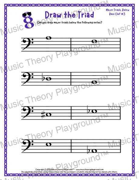 Bass clef major triad music worksheet - printable PDF
