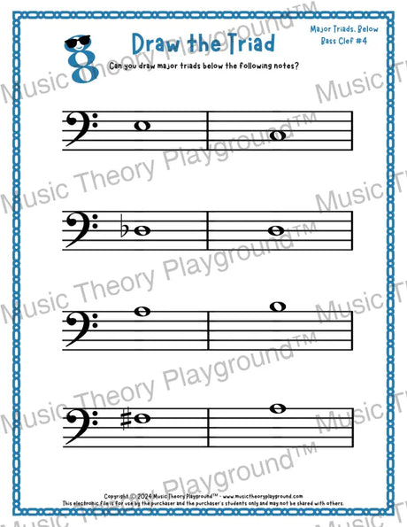 Bass clef major triad music worksheet - printable PDF