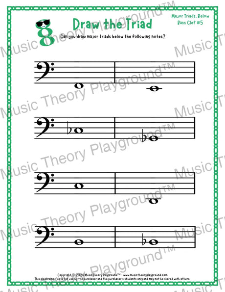 Bass clef major triad music worksheet - printable PDF