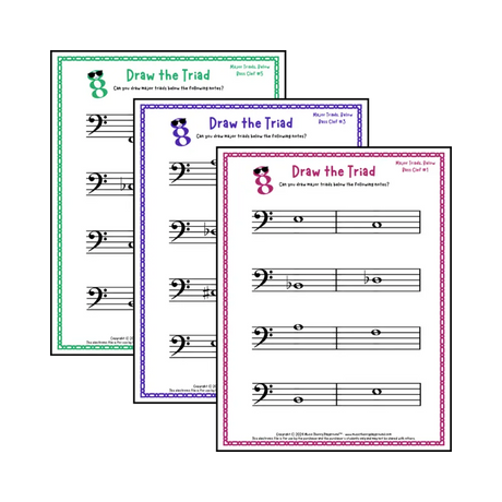 Bass clef major triad music worksheets - printable PDFs