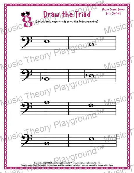 Bass clef major triad music worksheet - printable PDF