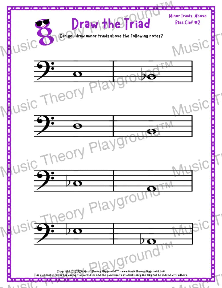 Bass clef minor triad music worksheet - printable PDF