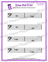 Bass clef minor triad music worksheet - printable PDF