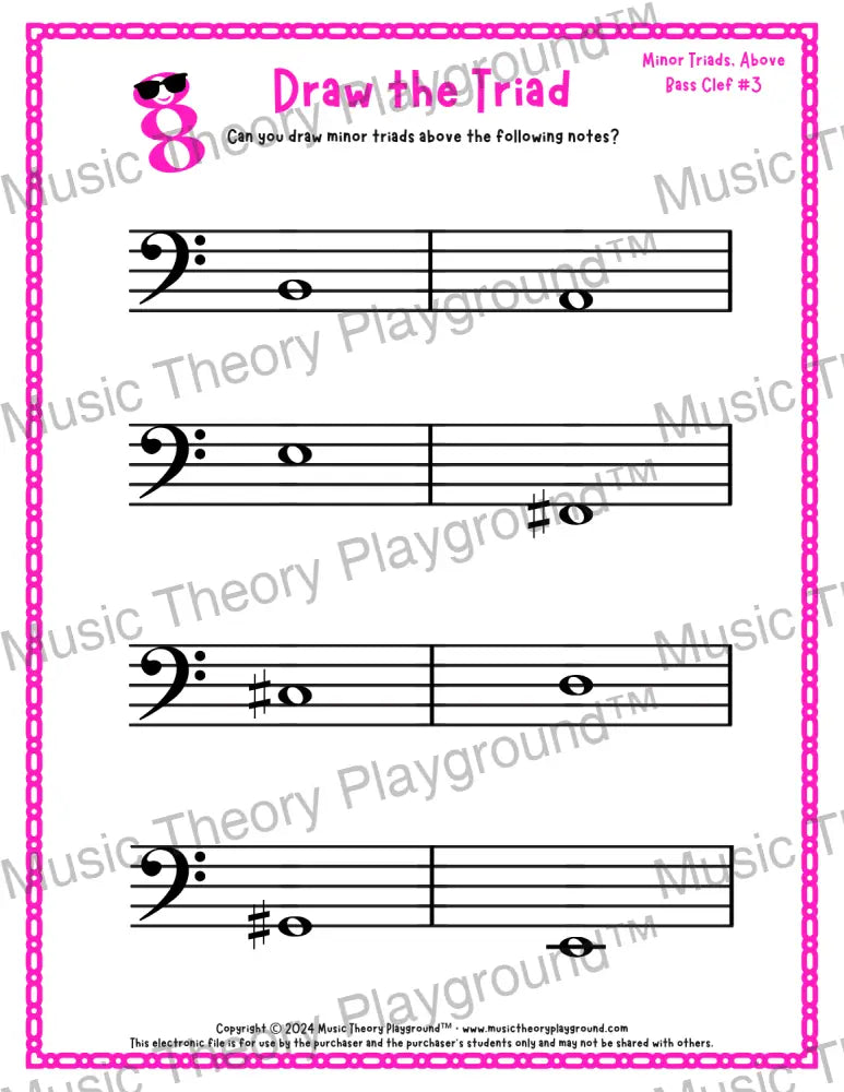 Bass clef minor triad music worksheet - printable PDF