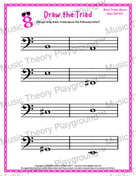 Bass clef minor triad music worksheet - printable PDF