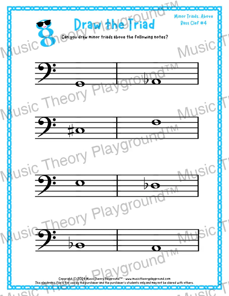 Bass clef minor triad music worksheet - printable PDF