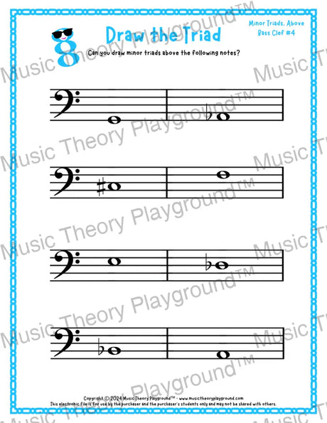 Bass clef minor triad music worksheet - printable PDF